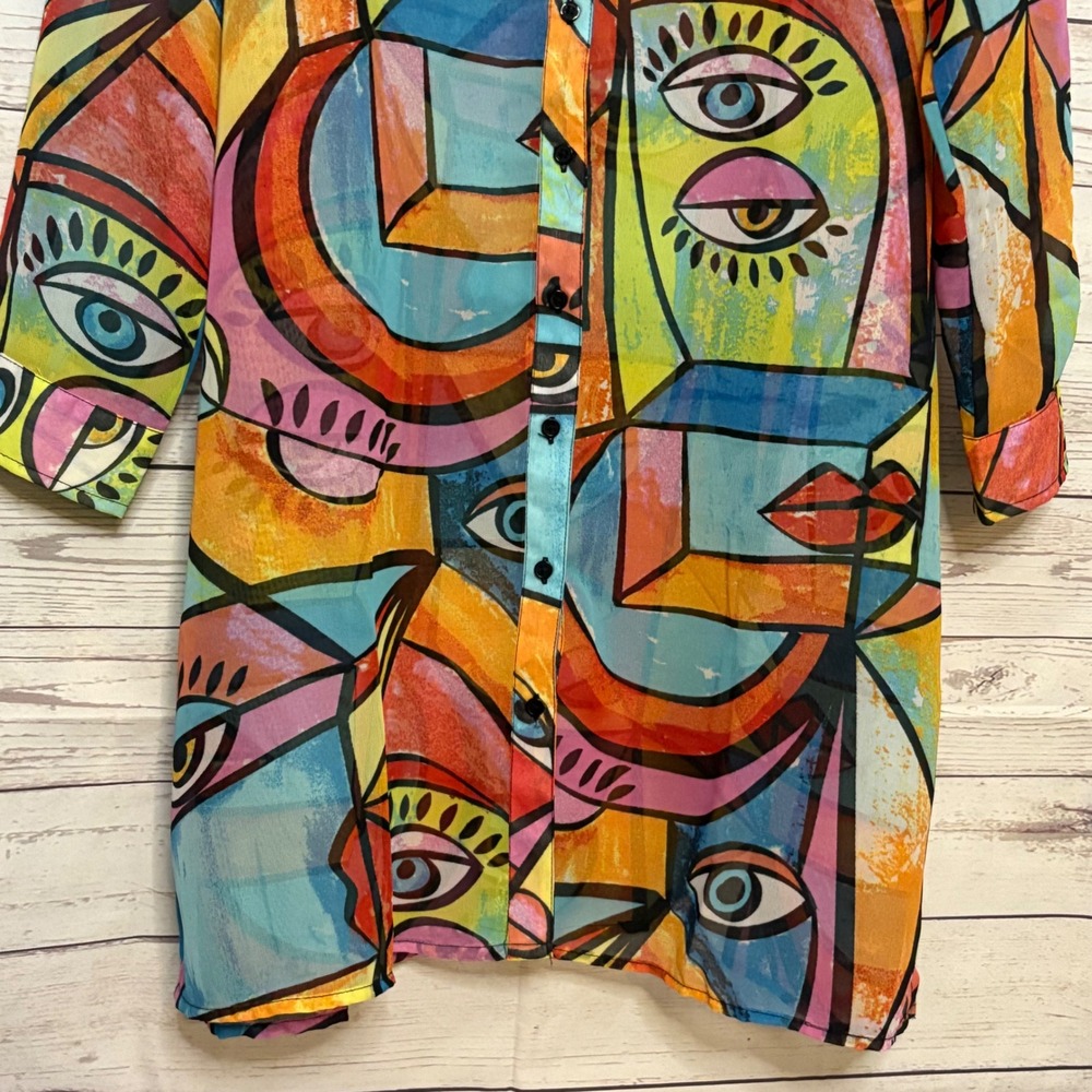 Live 4 Truth Abstract Face Midi Shirt Dress Colorful Art To Wear Button Up Large - Picture 2 of 5